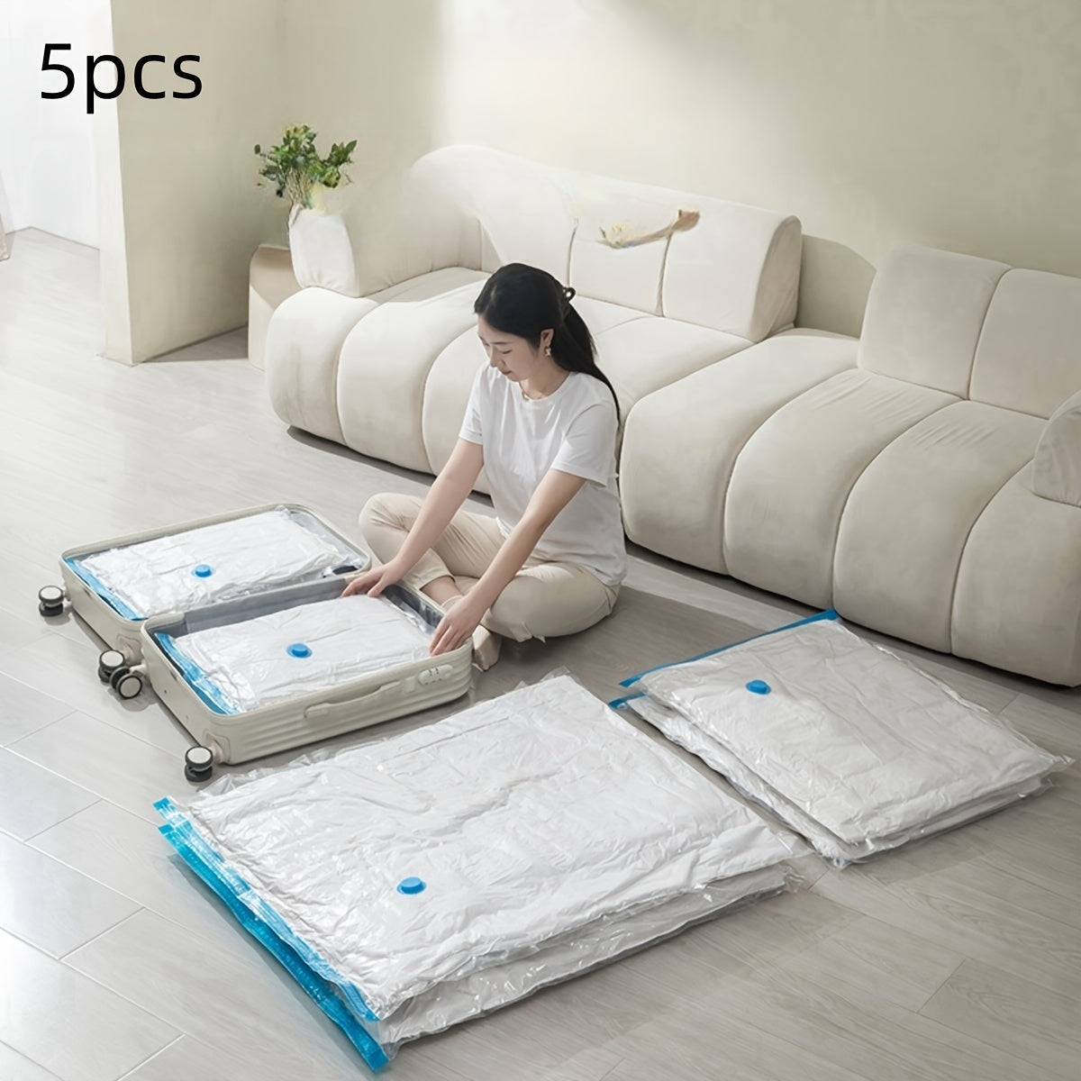 Get 5pcs of Space Saver Vacuum Compression Storage Bags that are made of durable plastic with zipper closure. These rectangle bags are perfect for multipurpose use, whether you're storing clothes, pillows, blankets, or bedding. No electricity needed for