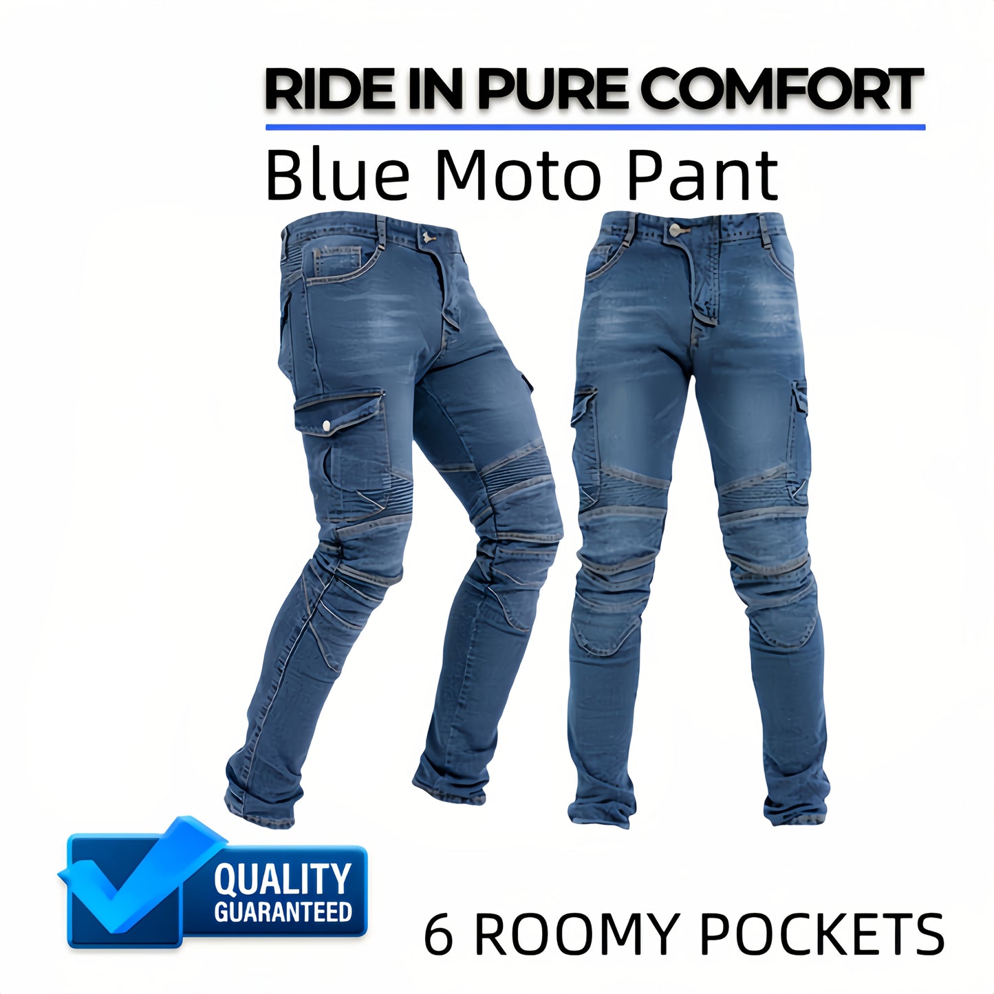 Men's motorcycle pants made of durable, breathable cotton blend with removable padding and multi-pocket design in blue, green, black. Perfect for riding and outdoor adventures.