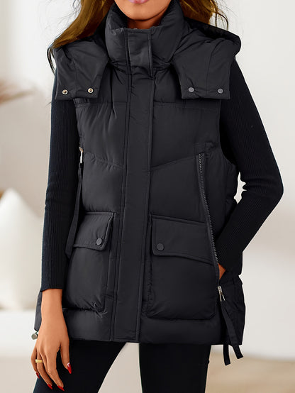 Womens' black polyester hooded vest with zip-up front and pockets. Machine washable with drawstring waist and smooth texture.