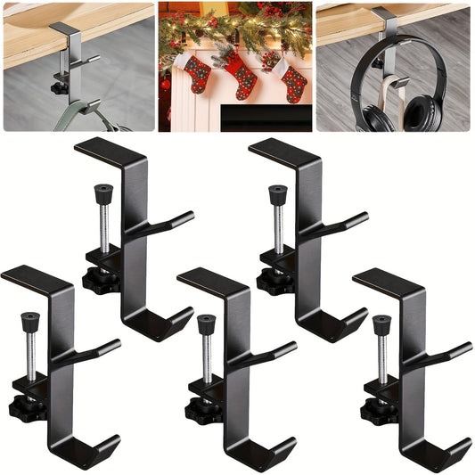 5-pc Set of No-Drill Garland Stocking Hangers for Fireplace, Adjustable Heavy-Duty Holders with 2 Hooks for Christmas Decor - Black