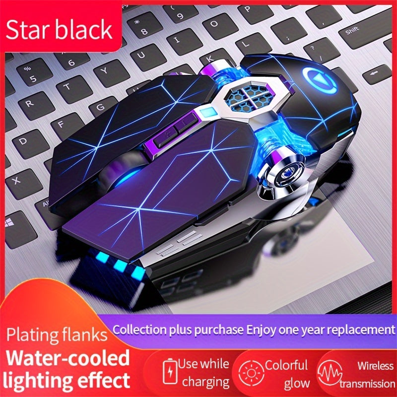 YINDIAO Ambidextrous Wireless Mouse: Star Black with Glitter, Animal Print, USB charging, quiet for office/laptop, Windows 10 compatible, 400mAh Lithium Polymer Battery.