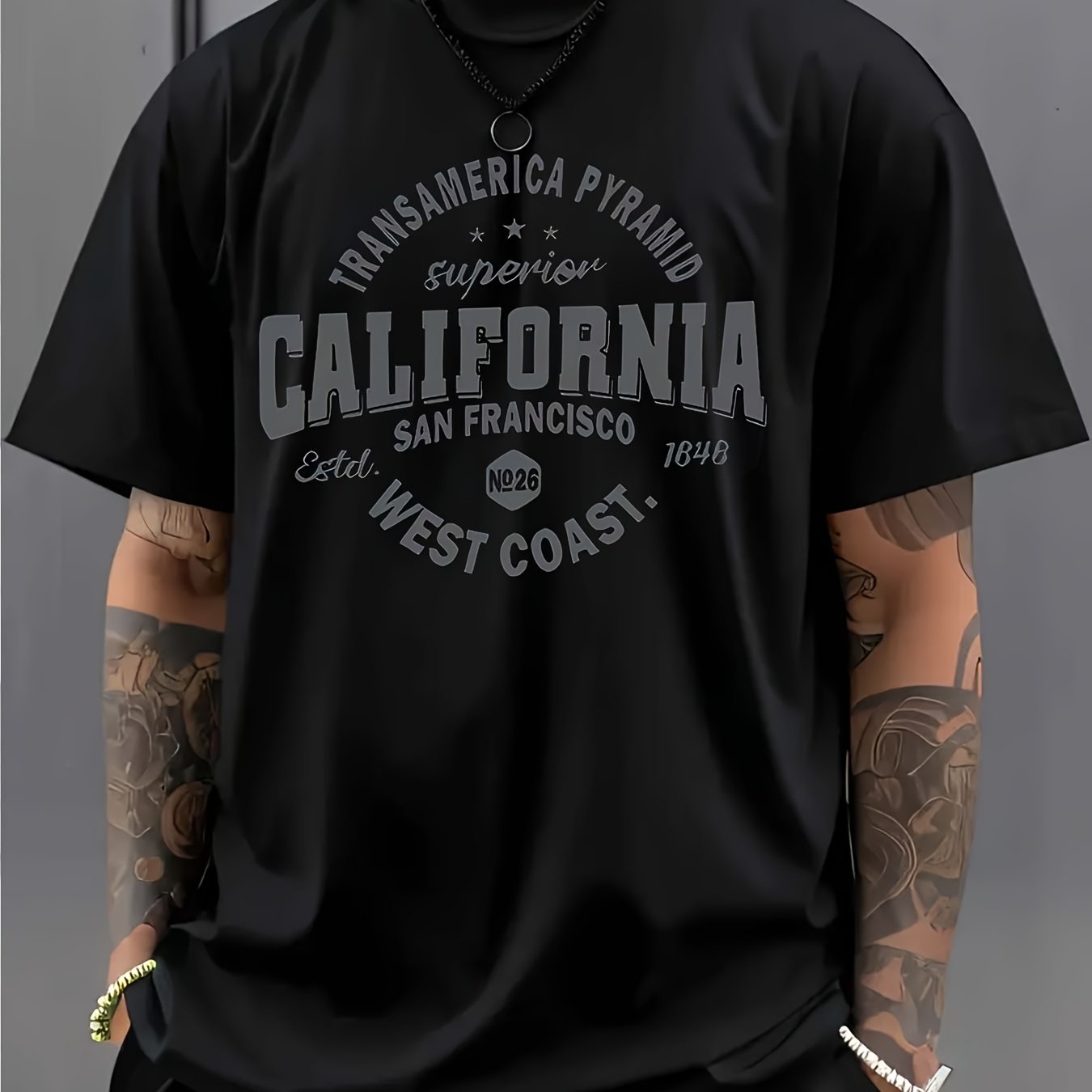 Men's casual crew neck t-shirt with California graphic, 3D digital print, made of polyester knit fabric with slight stretch for regular fit. Suitable for all-season daily and casual wear.