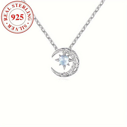 Luxurious 925 Sterling Silver Moon Pendant Necklace with Synthetic Blue Zirconia, June Birthstone - Perfect Gift for Women for Daily & Special Occasions.