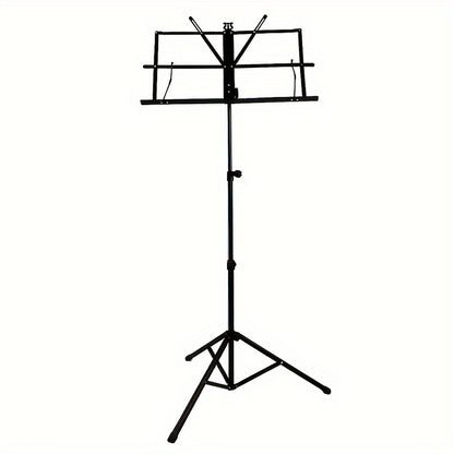 Portable folding music stand in black with adjustable height for various instruments, made of alloy construction.