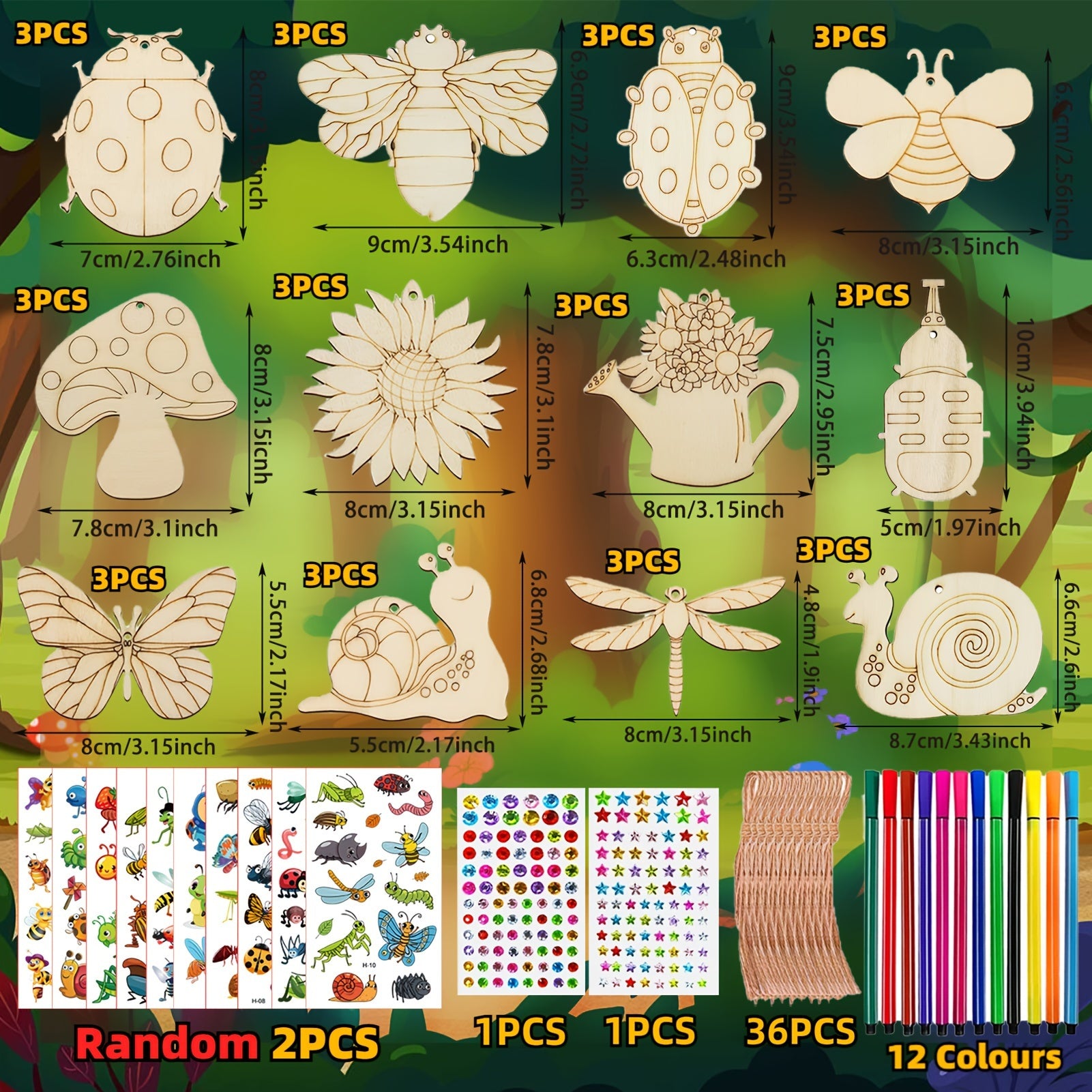 288 wooden insect-themed crafts for kids, including 36 blocks, 12 watercolor pens, 202 rhinestones, and 2 stickers, ideal for DIY birthday crafts.