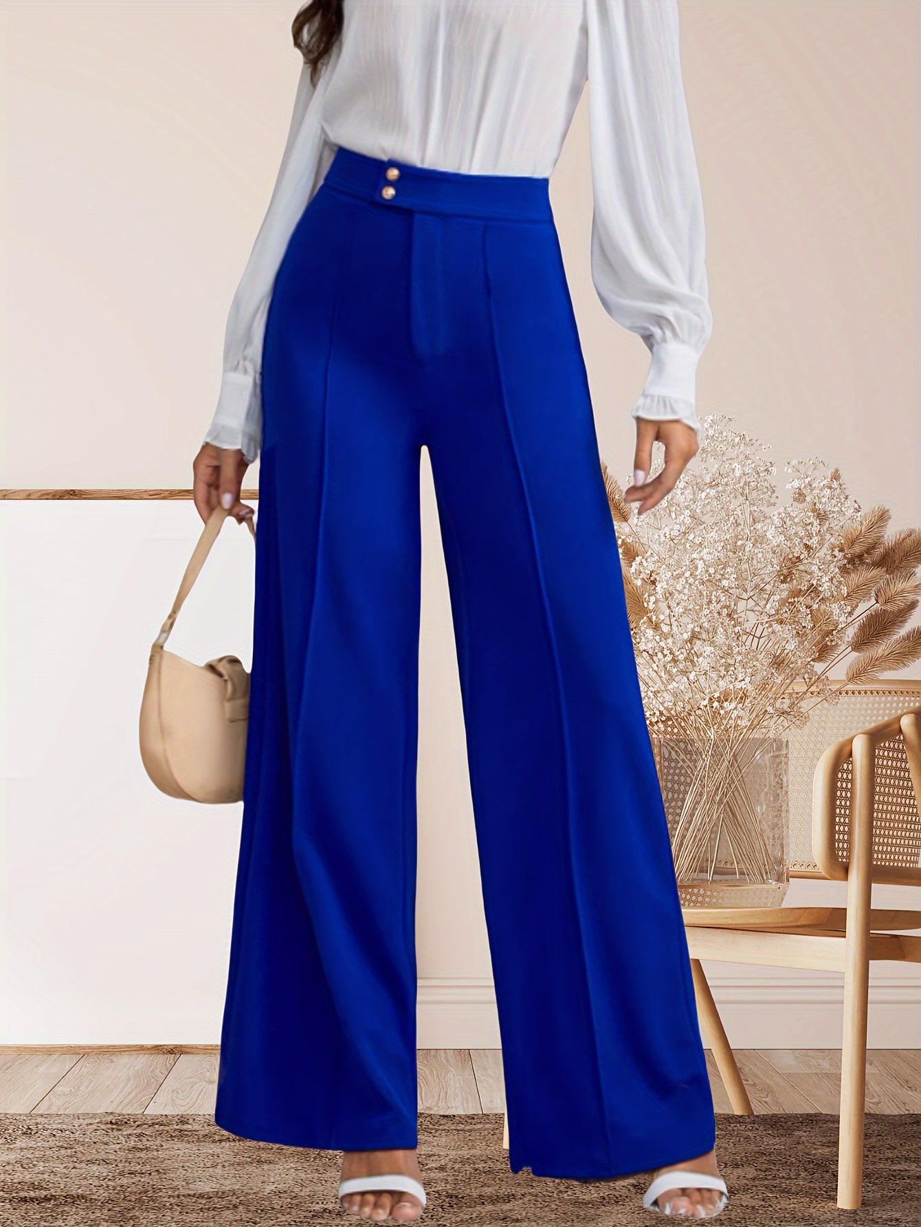 Women's High-Waisted Palazzo Pants - Elegant, Wide-Leg, Button Fly, Suitable for Work and Casual Wear