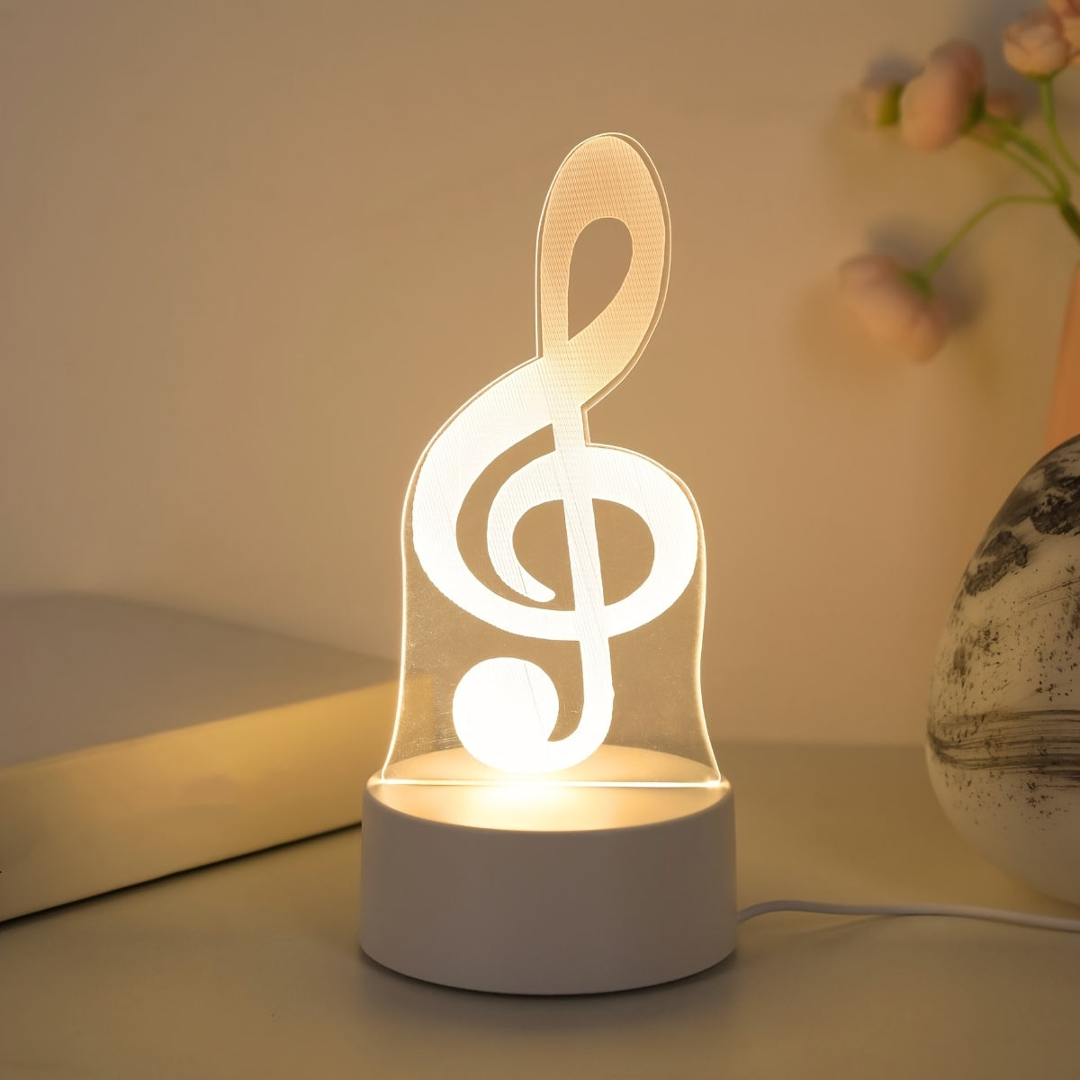 USB-powered 3D music note night light, perfect for bedroom decor. Ideal gift for boys and girls on birthdays or holidays.