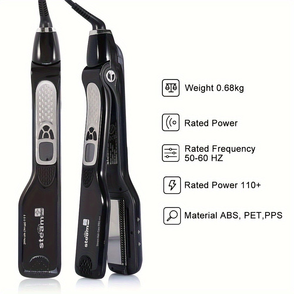 Professional steam flat iron for hair that functions as both a straightener and curler with ceramic plates, ionic technology, dual voltage, and adjustable temperature.