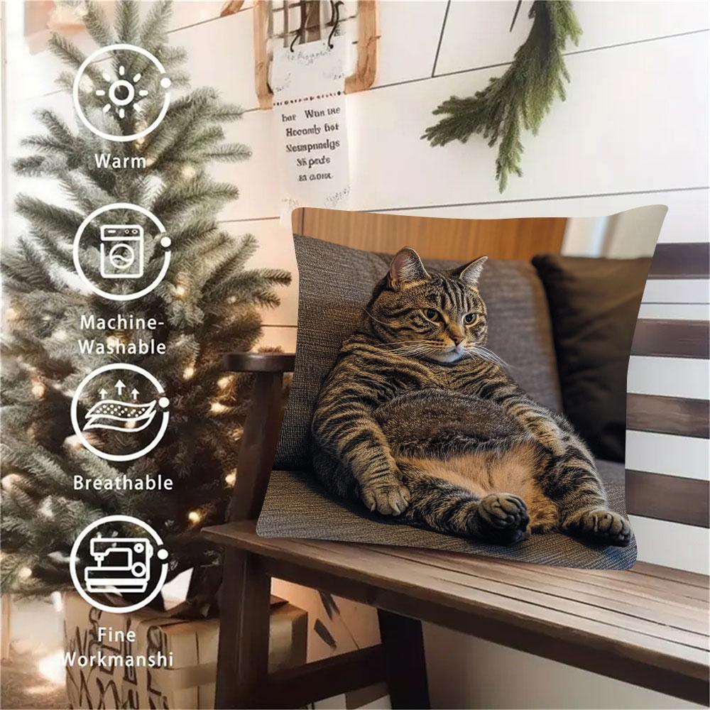 Whimsy Winter Fat Cat Pillow Case - Double-Sided Polyester Fiber Cushion Cover for Christmas Sofa, Festive Home Party Decor. Does not include insert.