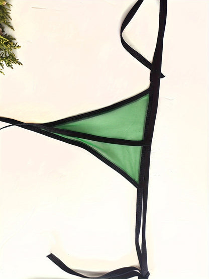 Sexy mesh bikini lingerie set with green triangle contrast trim and adjustable straps for a flattering fit.