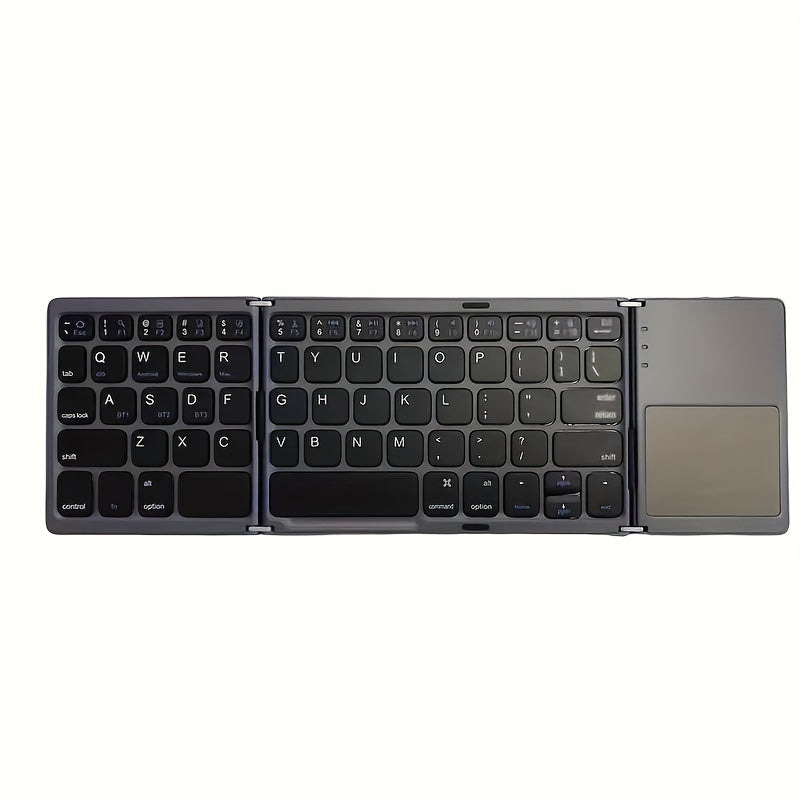 Compact and lightweight keyboard with touchpad, wireless connectivity, frosted finish, convenient touch pad, easy to carry, Type-C charging, USB cable included.