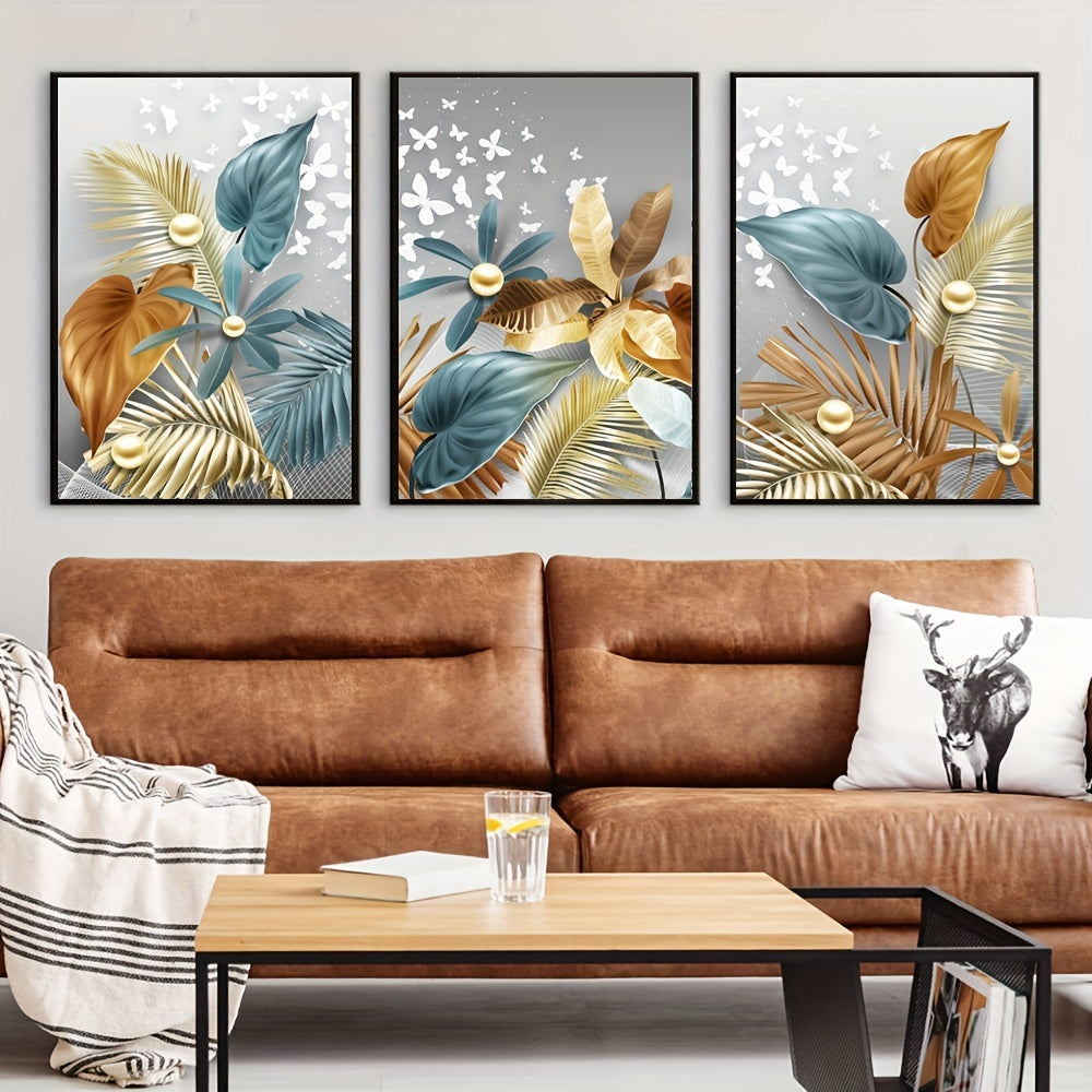 Luxury canvas print posters set of 3 featuring flower and leaf artwork for various rooms, no frames included.