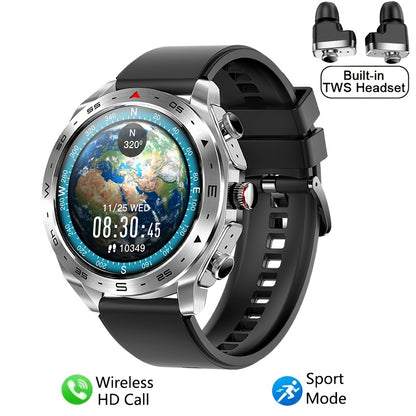 [Popular Choice] Smart Watch with built-in TWS headphones, AI voice, HD touch screen, fitness tracker, and steel/silicone strap for men.