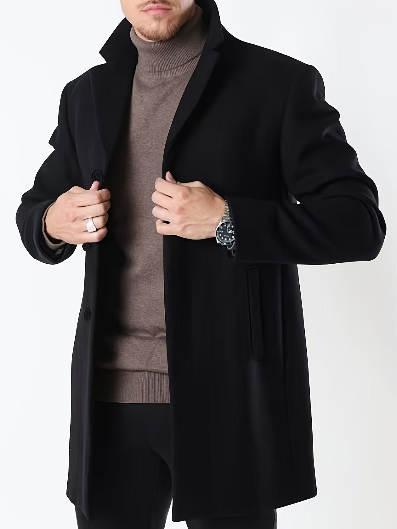 Men's classic trench coat made of 100% polyester in a solid color, featuring a casual lapel collar, regular fit, and non-stretch woven fabric. Suitable for business casual fall/winter