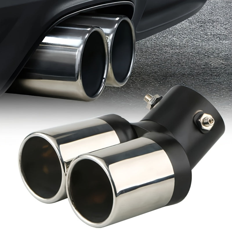 Universal dual air outlet exhaust head in chrome stainless steel for automotive rear tailpipe accessories.