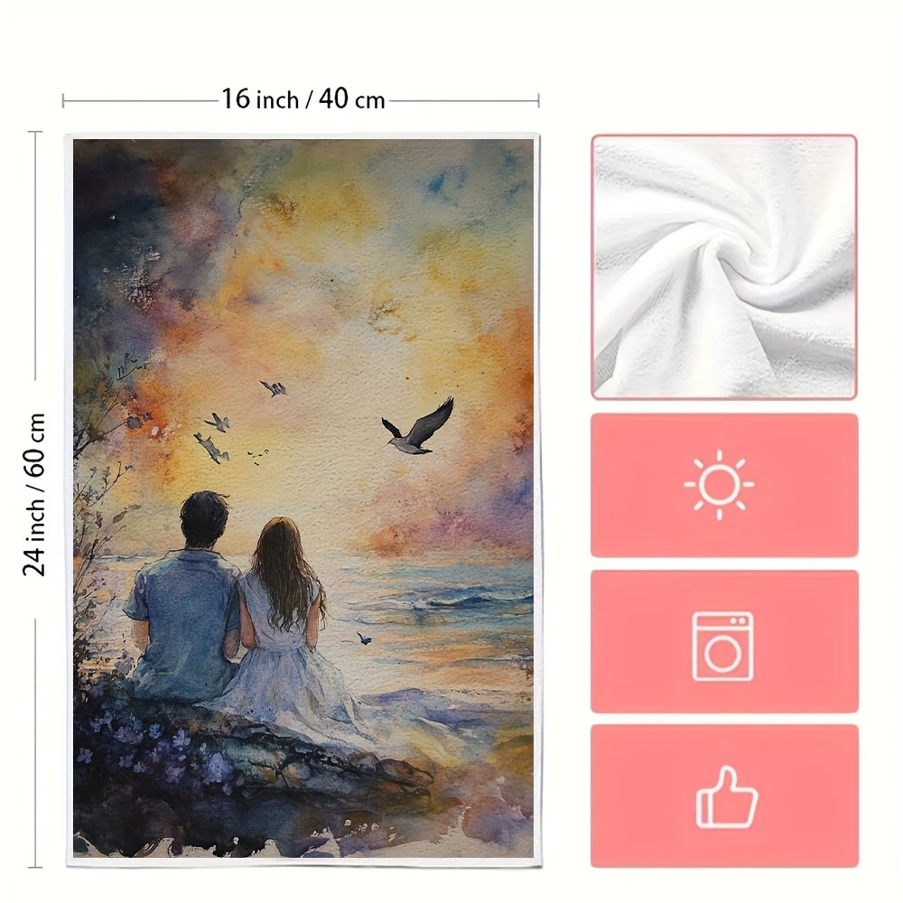 Two pieces of romantic sunset love kitchen towels - made from ultra soft and highly absorbent polyester, measuring 40.64x60.96 cm. These dish hand towels feature a vibrant sky design, perfect for holiday decor. They are machine washable for easy care.