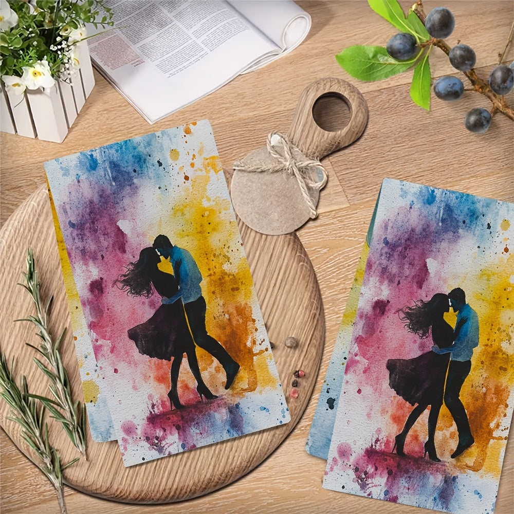 Experience the "Adventure of Love" with 2 luxurious Ultra Soft Kitchen Towels featuring a Dancing Couple Design. These towels are highly absorbent, machine washable, and come with a vibrant watercolor splash background. Measuring 40.64x60.96 cm, they are