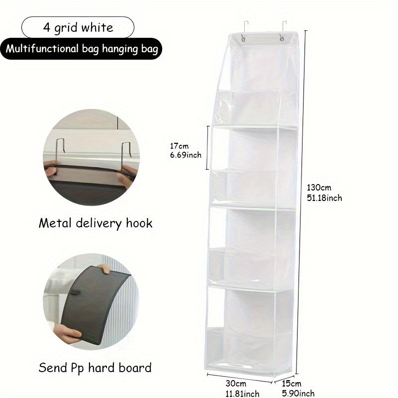 Wall-mounted storage bag with multiple layers for dormitory use, designed to hang behind doors and featuring a transparent design for visibility and multifunctional storage.