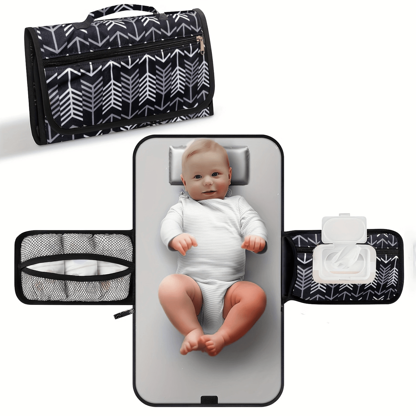 Portable, handheld diaper changing pad in cute grey arrows design.