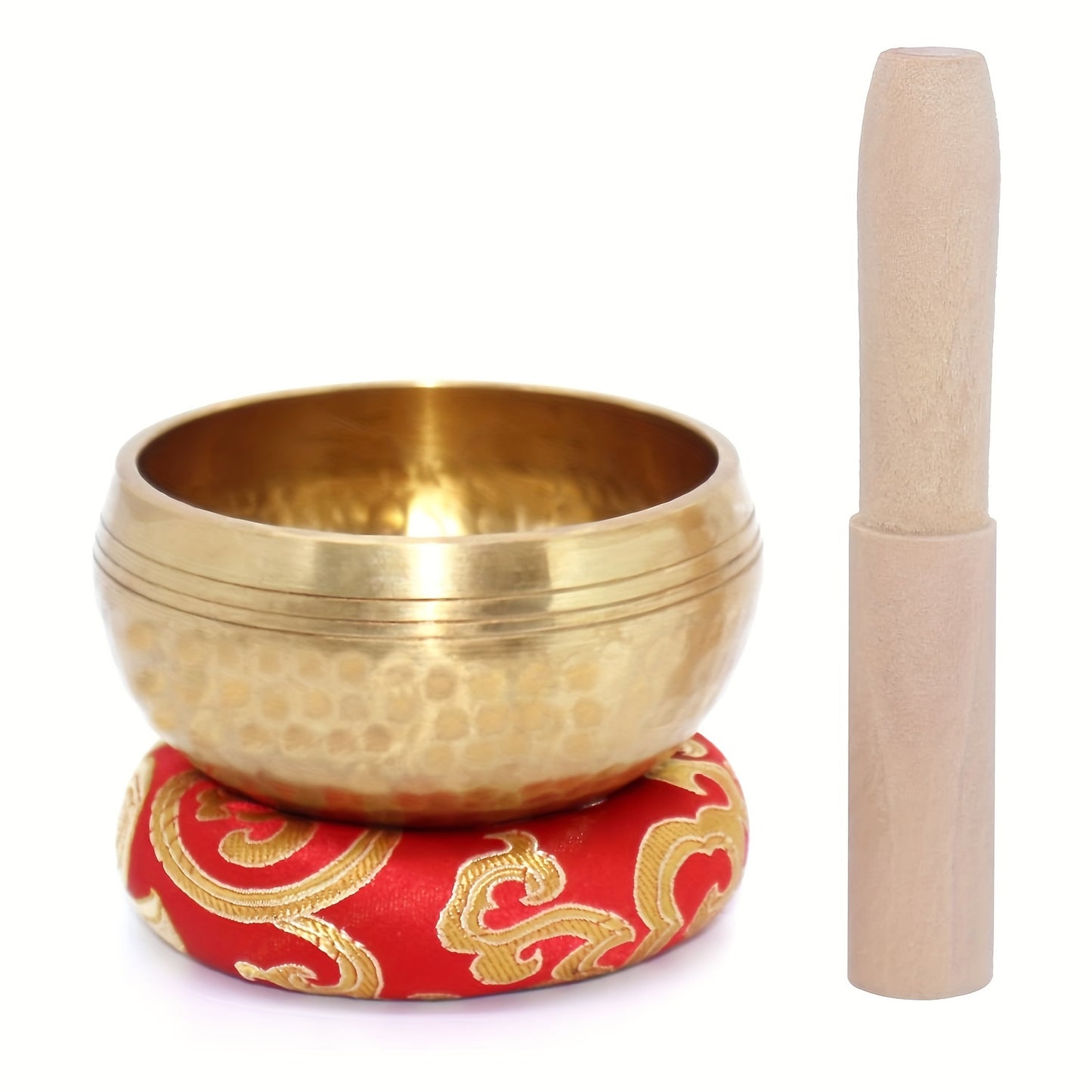 Golden copper Tibetan singing bowl set for relaxation and mindfulness meditation, includes wooden striker. Ideal for yoga, reiki, and travel, portable for office, retreats, and meditation.