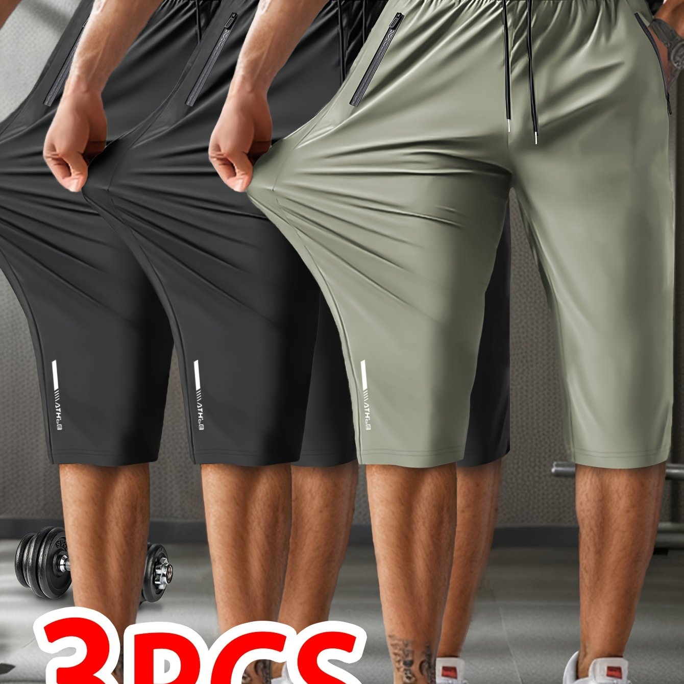 3 Summer Breathable High-Elastic Drawstring Zip Pocket Men's Sports Capri Pants