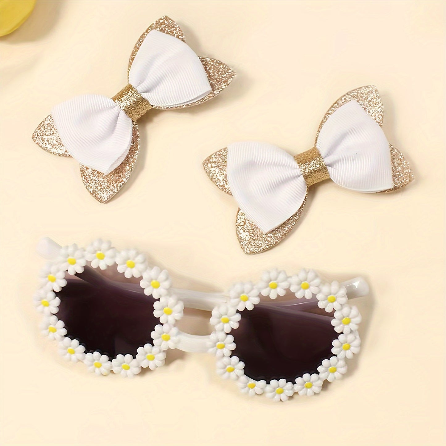 Hair clip and glasses set for women 14+ years old, includes 3 pieces with bow clip and floral glasses in elegant and cute style.