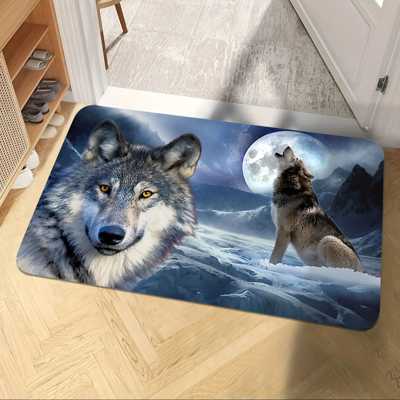 Decorate your home with this stunning 1-piece 3D snow wolf print rug, featuring a psychedelic motif design. This washable soft floor mat is perfect for any room in your home, including the living room, bedroom, bathroom, kitchen, laundry room, office