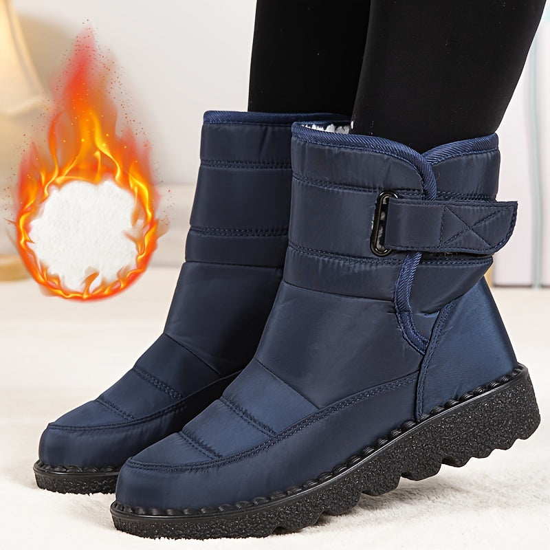 Women's mid-heel snow boots, sizes 36-43, round toe fabric upper, water-resistant PU sole, hook-and-loop closure, all-season winter footwear.