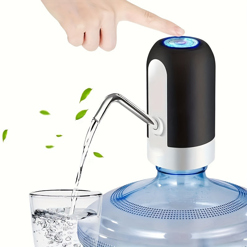 Portable USB rechargeable water pump ideal for camping and home use, automatically dispensing water for bottles ranging from 11.36-18.93 liters.