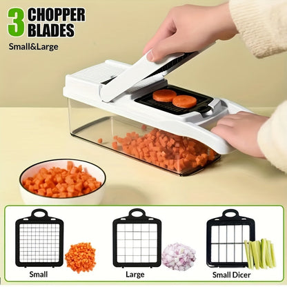 '- Kitchen Set includes 1 Vegetable Chopper, 22in1/15in1 Slicer, Manual Food Grater, and Onion Mincer Cutter
- Multifunctional design for slicing fruits and vegetables easily
- Convenient container for collecting sliced vegetables
- Household essential