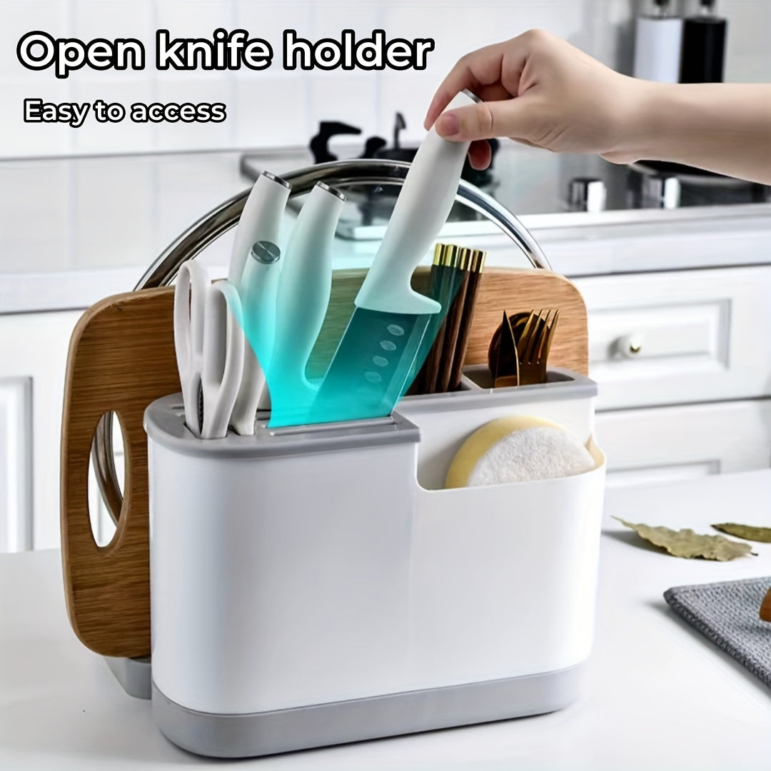 Modern Kitchen Storage Organizer with Integrated Cutting Board, Utensil Holder and Plastic Knife Block - No Batteries Needed