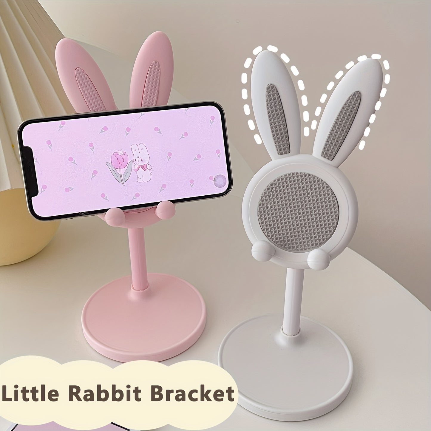 Adjustable height mobile phone holder for live broadcasts with a rabbit design