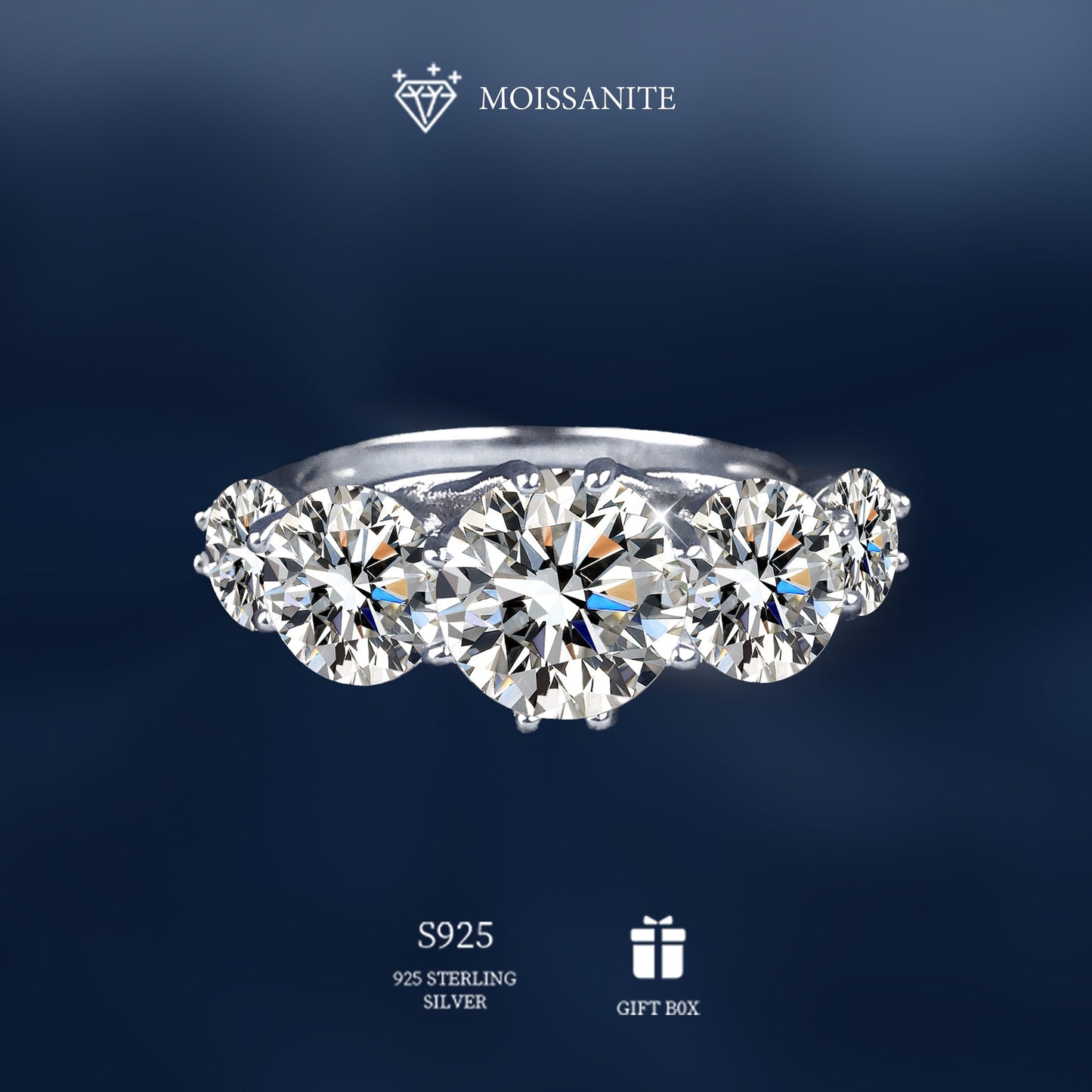 Hypoallergenic S925 Sterling Silver Moissanite Stone Ring with 5 Carats in Classic 8-Prong Setting. Perfect Five-Stone Band for Engagement, Wedding, or Promise. Ideal Jewelry Gift for Women, Certified and Presented in a Gift Box.