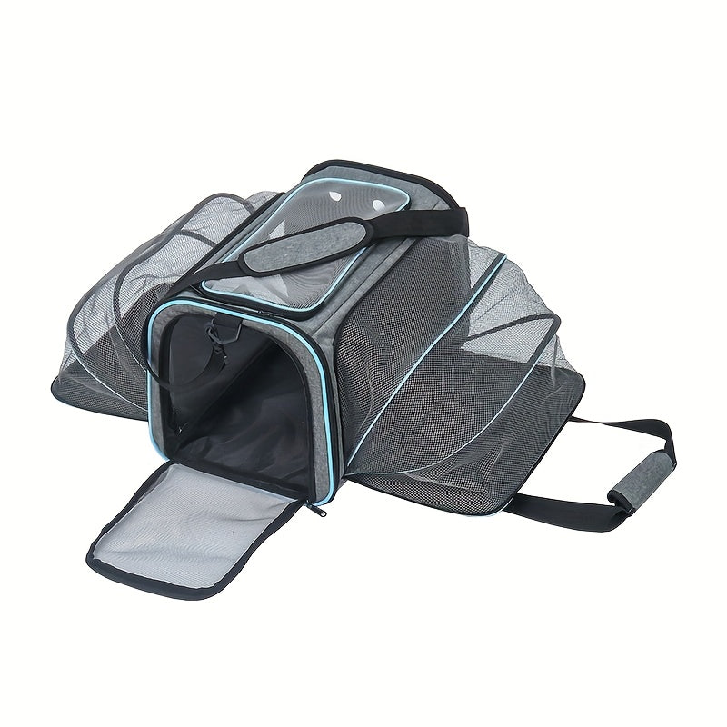 Expandable, durable polyester pet carrier with multiple openings, safety zipper, airline-approved, soft-sided cat and dog tote with adjustable strap.