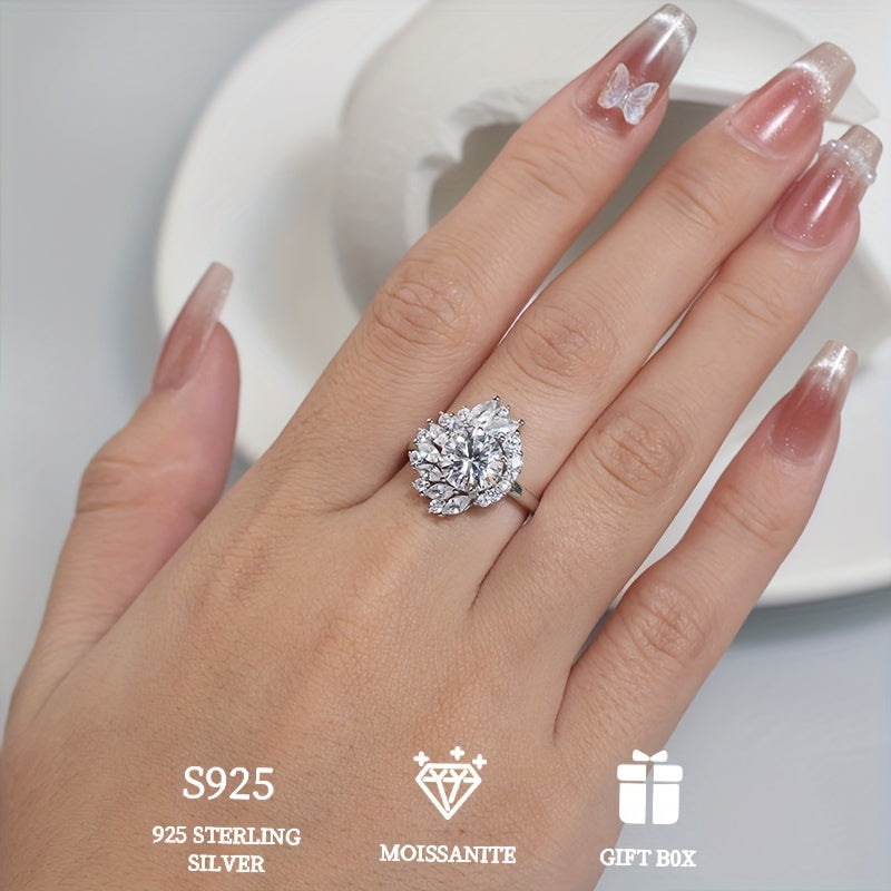 Luxurious Valentine's Day Wedding Engagement Gift - Beautiful and Hypoallergenic 925 Sterling Silver 2ct Edge Flower Ring for Her, Includes Moissanite Certificate and Elegant Gift Box