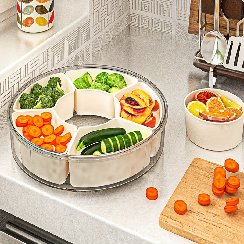 Rotating snack tray with lid for food storage and display, perfect for home, parties, and holidays. Safe for food contact, suitable for various occasions. Ideal for nuts, dried fruit, candy.