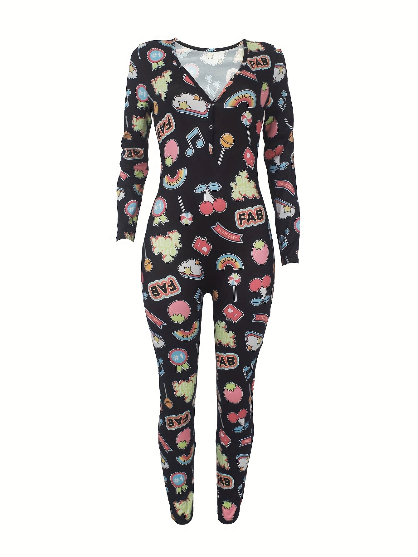 Patterned lounge jumpsuit for women, featuring a casual V-neck, long sleeves, and button closure.