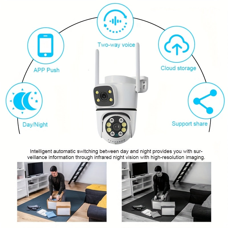 Двойная линза Внутренней/Внешней системы безопасности для детей с 1080P HD, USB питанием, двусторонним аудио, уведомлениями о движении, совместимостью с облачным хранилищем, ночным видением и универсальным использованием в различных сценариях.