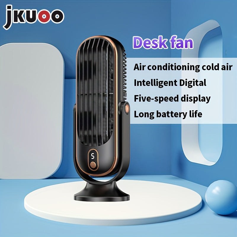 Compact 1PC Mini Fan for Desktop or Portable Use with 5-Speed Adjustable Settings. Rechargeable via USB for High-Velocity Personal Cooling. Ideal for Indoor or Travel Use, Operating Quietly with Convenient Button Control. Lightweight Plastic Design with