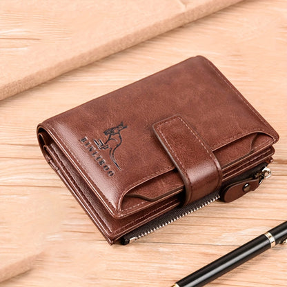 Men's PU leather wallet with RFID blocking, zipper closure, coin purse, and durable polyester interior.