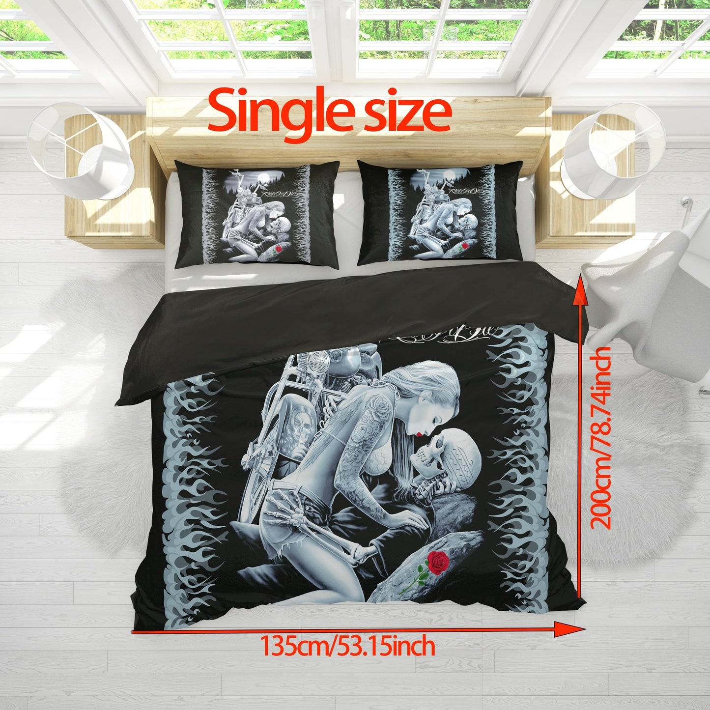 3-piece Skull Rose Print Duvet Cover Set, Comfortable and Soft Bedding Set for Bedroom or Guest Room. Includes 1 Duvet Cover and 2 Pillowcases (Core Not Included). Perfect for Halloween.