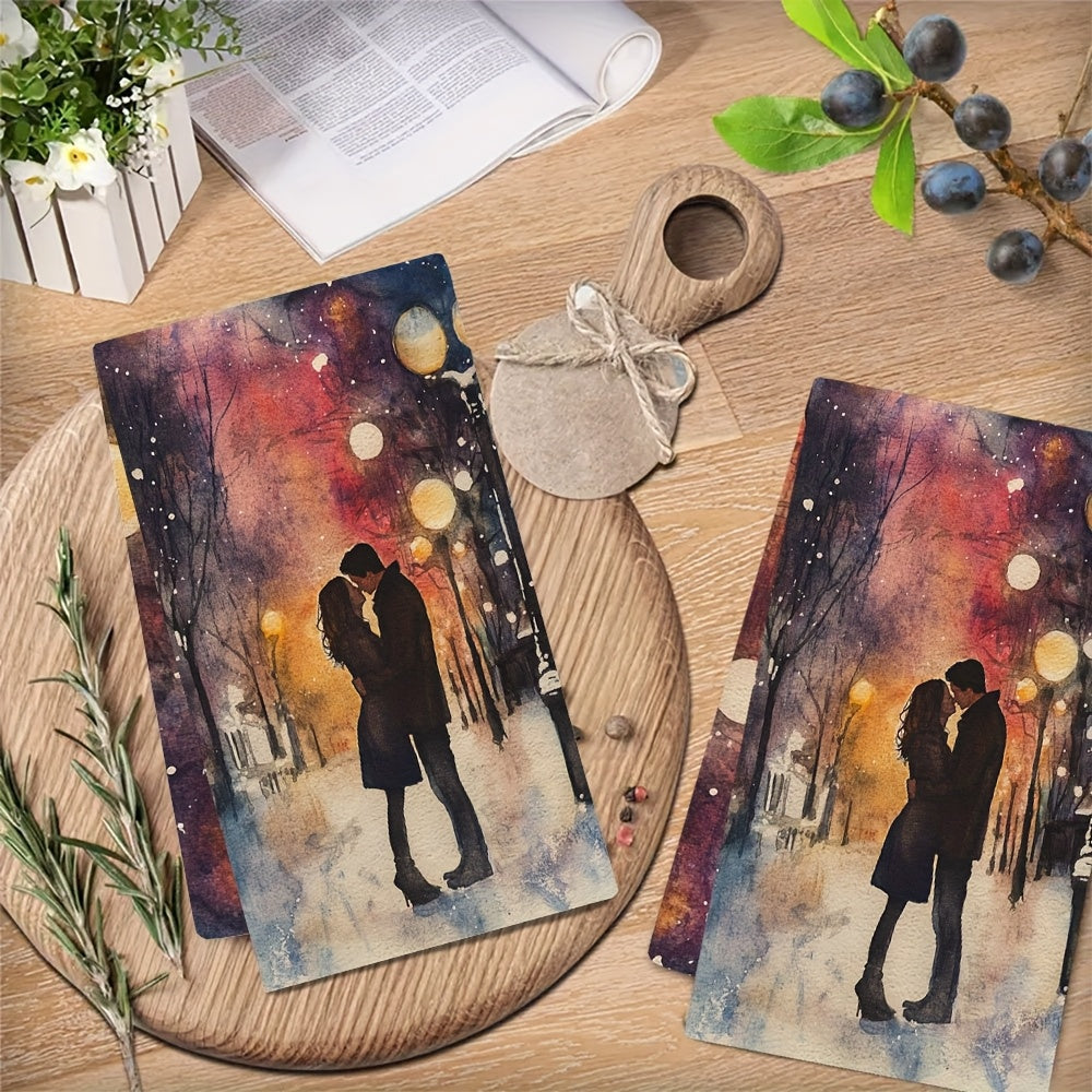 Set of 2 Romantic Sunset Kiss Kitchen Towels - Made with Ultra Soft, Highly Absorbent Polyester Material, Each Towel Measures 40.64x60.96 cm. Easy to Clean in the Washing Machine, Features a Vibrant Winter Scene Design Perfect for Holiday Decor and