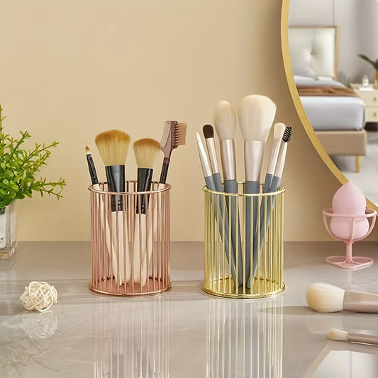 Stylish metal pen holders for makeup brushes, office supplies, and vanity storage.