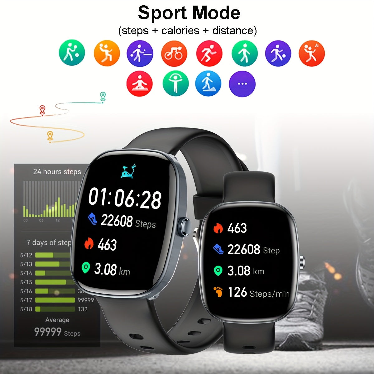 1.83 inch full touch screen smart watch syncs with mobile phone for calls and sports tracking. Compatible with iPhone and Android.