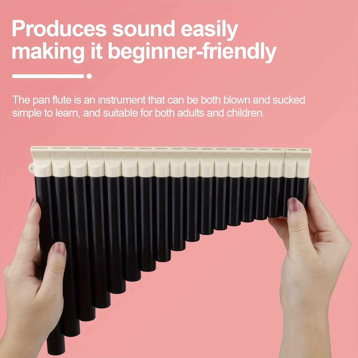 Black ABS pan flute with 18 tubes, classic style, includes carrying bag. Easy to play, portable, comfortable grip, smooth mouthpiece. Ideal for performance, teaching, and practice.