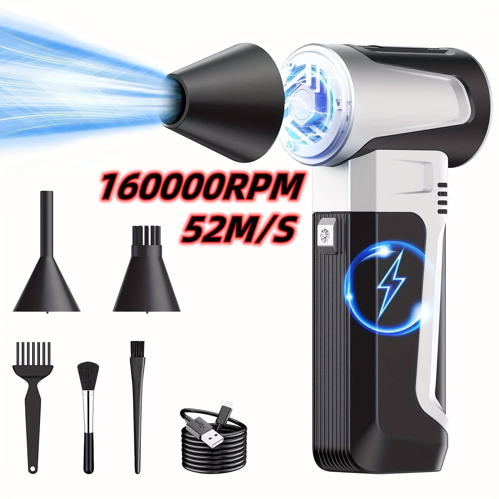 Turbo Fan Handheld with High-Speed Operation of 160,000 RPM and Powerful 52m/s Wind Speed. Features Brushless Motor and Durable ABS Material. Includes USB-C Fast Charging, Long-Lasting 5000mAh Lithium Battery, and Versatile Accessories. Ideal for