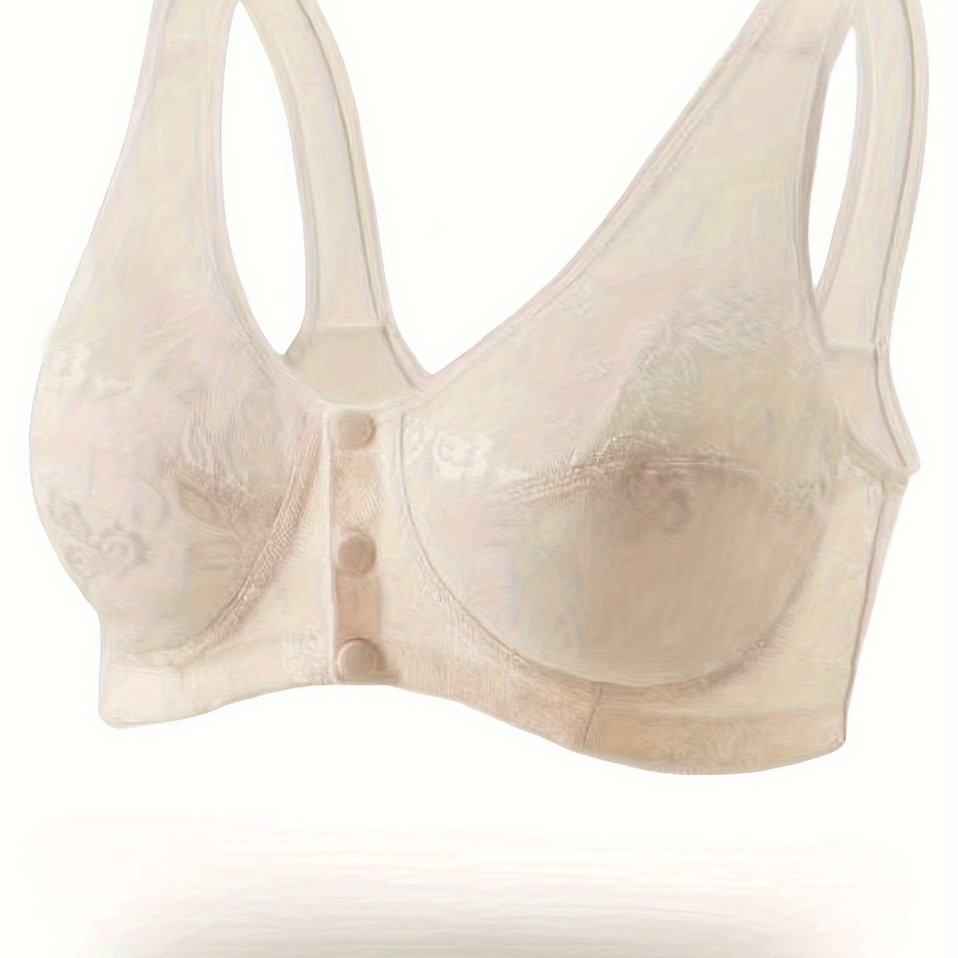 Stylish front clasp lace bra with full coverage and medium support for mature women, featuring decorative floral patterns and comfortable vest-style fit.