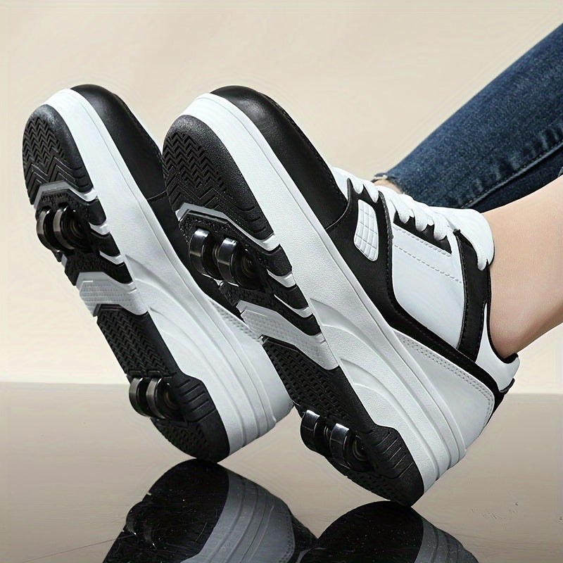 Boys' roller skate shoes with non-slip dual wheel, lace-up design and durable buckle straps in black and white, for all seasons.