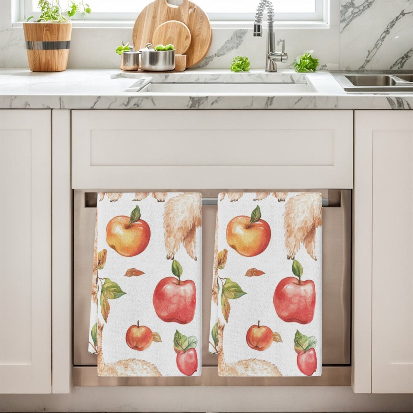 Set of 2 Alpaca Print Dish Towels: Enjoy this 2-pack of contemporary Apple and Alpaca print dish towels, made of durable polyester material. These rectangular kitchen towels feature a floral theme, adding a stylish touch to your home decor. Hand wash