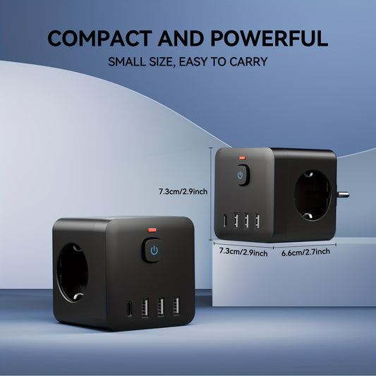 Compact power strip with 3 EU outlets, 3 USB ports, and Type-C port. Overload protection, independent switches, multi-device compatibility for various spaces. Hexagonal grip design.